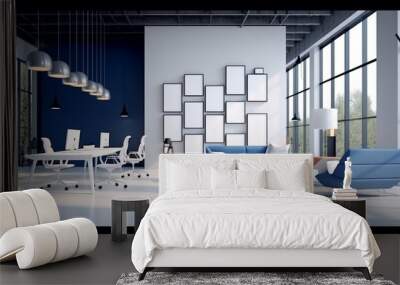 Grey and white open space office with two frame mockups and seating area with blue furniture. Modern design, using linear lights and concrete floor. Concept of accent interior details. Wall mural