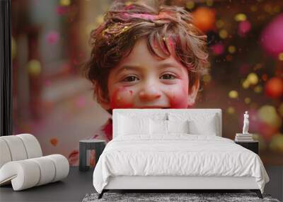 Portrait of cute happy Indian little boy covered with colored powder and celebrating the Holi festival. Wall mural