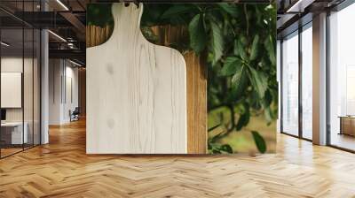 White grain rustic empty wooden board background green nature leave Wall mural