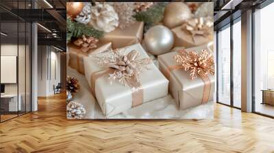 Elegant holiday decor with copper accents, gift boxes, and snowflakes on a warm beige Wall mural