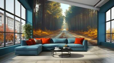 Empty road lined with towering pine trees, peaceful and isolated Wall mural