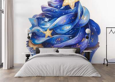 Galaxy-inspired watercolor cupcake with swirling blue frosting and star decorations Wall mural