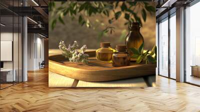 Herbal poultices and natural oils on a wooden tray, traditional healing, 3D illustration Wall mural