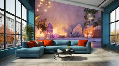 Spalike room with crystals, candles, and natural healing herbs, 3D illustration Wall mural