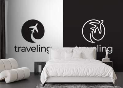 tour and travel logo design. airplane with circle icon vector illustration. Wall mural