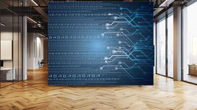 Binary code background. Digital binary data with streaming digital code. Futuristic cyberspace. Concept of coding or hacker. Crypto data, Dark blue gradient background. Wall mural