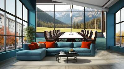 Modern Business Office, a long table with chairs, no people. Board of Directors. A view of the mountains. Wall mural