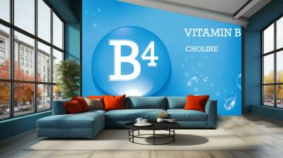 Vitamin B4, choline. Drops of water on a blue gradient background. Food supplement and healthy lifestyle. Poster. Wall mural