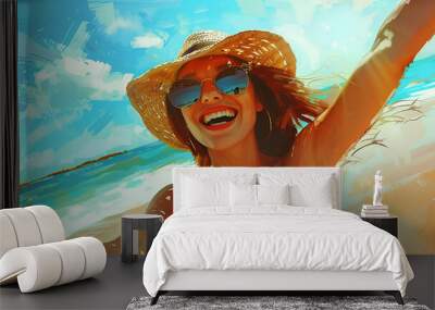 Beautiful woman with sunglasses, hat and a beautiful smile Wall mural