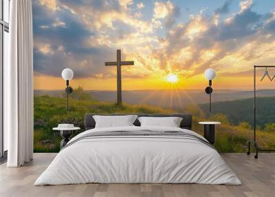 image of cross with sun rays in the background Wall mural