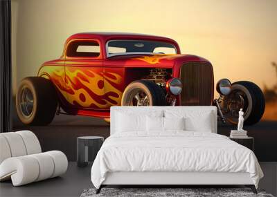 red off road car with flames Wall mural