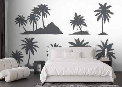 vector set of tropical palm and tree silhouettes. EPS ,Set tropical palm trees with leaves, mature and young plants, black silhouettes isolated on white background. Vector Wall mural