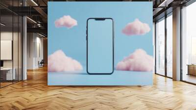 3D illustration of a smartphone mockup with pink fluffy clouds on blue background. Wall mural