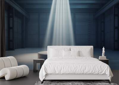 A concrete pedestal illuminated by spotlight in a gray industrial room, 3D illustration. Wall mural