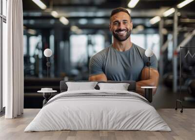 A man wearing a workout attire against a bright gym interior background. Wall mural