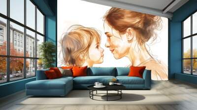 A mother and daughter share a tender moment in a watercolor illustration. Wall mural