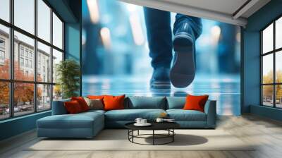 A person's foot stepping on a shiny floor in a modern building. Wall mural