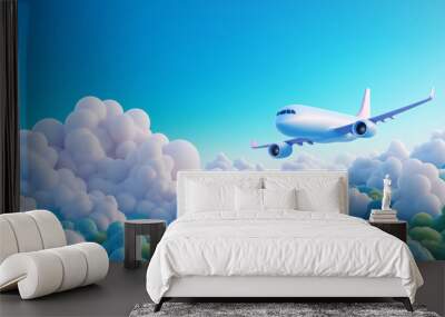 Airplane soaring through vibrant clouds above a colorful landscape on a sunny day, 3d illustration. Wall mural