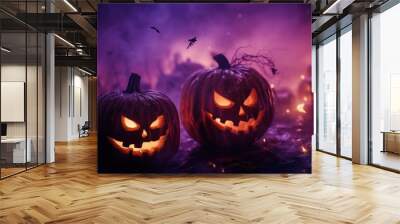 An eerie Jack-o-lanterns background, surrounded by swirling mist, halloween pumpkin lantern on purple background. Wall mural