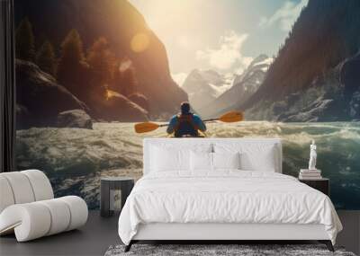 Back view man in kayak sails mountain river with sun light. Generative AI. Wall mural