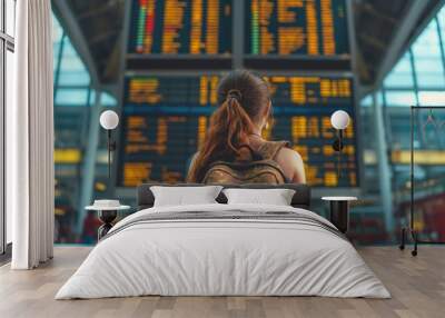 Back view of Traveler girl front of a timetable on an airport . Young backpacker tourist in solo travel. Wall mural