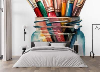 Beautiful watercolor paint brushes in a jar hand drawn illustration isolated. Wall mural