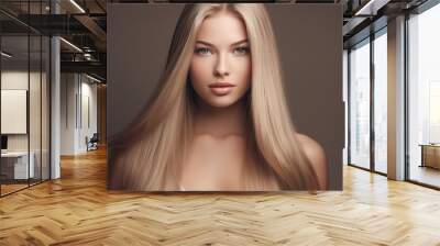 Beautiful woman with long smooth shiny straight hair. Treatment, care and spa procedures. Blonde beauty girl smooth hairstyle. Generative AI. Wall mural