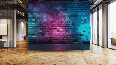 Black brick wall background rough concrete with neon lights and glowing lights. Wall mural