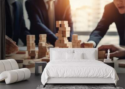 Business team arranging wooden blocks. Planning, risk and team strategy in business. Wall mural