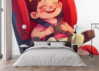 Cartoon illustration of a happy little girl safely buckled in red car seat isolated on transparent background. Wall mural