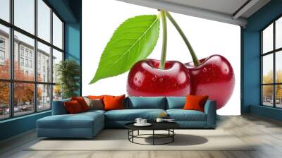 Cherry with leaf isolated. Wall mural