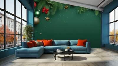 Christmas banner with blank space for text, green background, gift boxes, fir tree branches, red ornaments. Wall mural