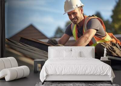 Construction worker with safety hardhat working on roof tiles installation. Wall mural