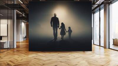 Father and children walking hand in hand silhouette walking in a foggy blurry world. Wall mural