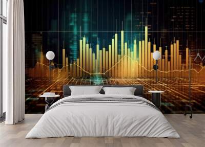 Growth business financial gold stock diagram profit money investment economy finance background golden market chart success concept or invest price data trade strategy graph currency. Generative AI. Wall mural