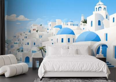 illustration of cartoon Santorini blue and white village with palm trees. Wall mural