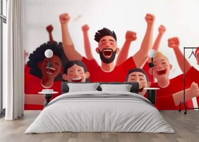 Illustration of shows a group of diverse people, all wearing red jerseys, cheering with their arms raised high. Wall mural