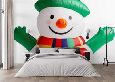 Inflatable snowman decorated with a green spiral hat and colorful scarf isolated on transparent background. Wall mural