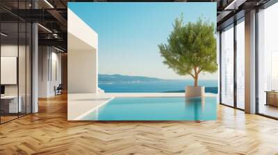 Luxurious modern villa with infinity pool and coastal view during a sunny day. Wall mural