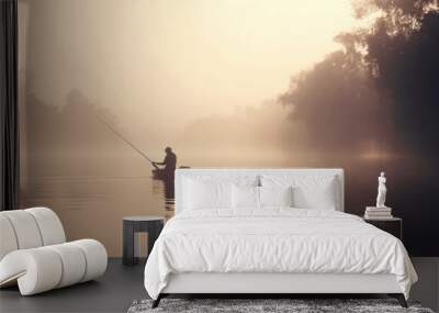 Man fishing in river with fly rod during summer morning. Beautiful fog. Generative AI. Wall mural