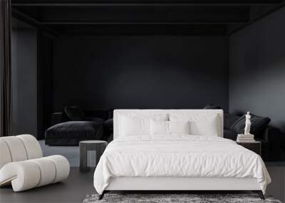 Modern minimalist empty dark living room with a low dark concrete ceiling and a black sofa in the middle. Wall mural