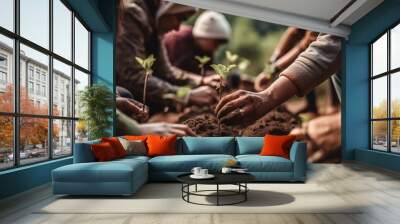 People hands planting trees or working in community garden promoting local food production and habitat restoration, concept of Sustainability and Community Engagement. Generative AI. Wall mural