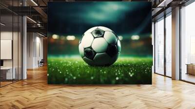 Soccer ball on green football field of stadium, close up evening neon glowing, world cup soccer championship concept. White black football ball on green grass field before playing game. Wall mural