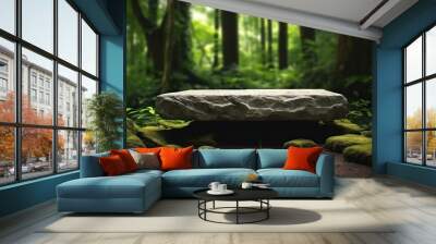 Stone podium table top outdoors blur tropical forest plant nature background. Beauty cosmetic healthy natural product placement pedestal display, Spring or summer jungle paradise. Wall mural