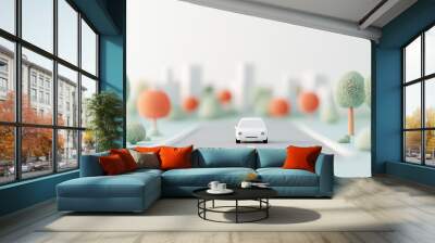 Stylized minimalist city road with white car surrounded by trees and buildings, 3d illustration. Wall mural