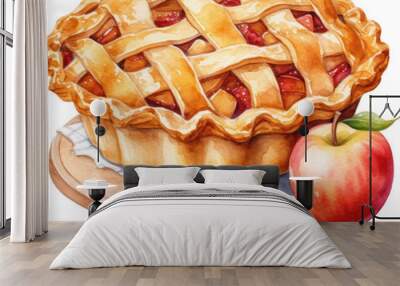 Tasty homemade apple pie. Hand drawn Watercolor. Generative AI. Wall mural