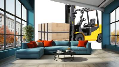 The forklift truck is lifting a pallet with cardboard boxes isolated. Generative AI. Wall mural