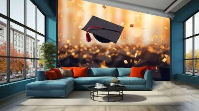 Throwing graduation hats with confetti background, Graduation day concept. Wall mural