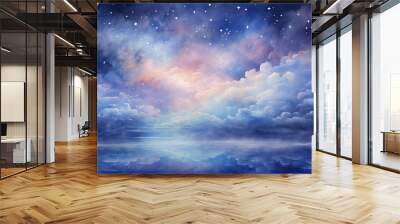 Watercolor blue sky with bright stars illustration. Wall mural