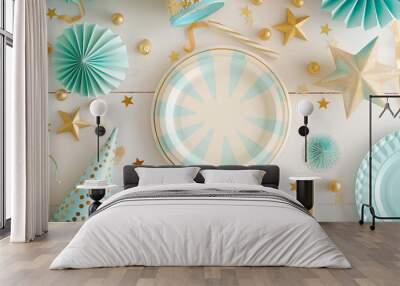 White empty plate with teal blue and gold ribbon on a wooden table background. Kids party concept. Wall mural